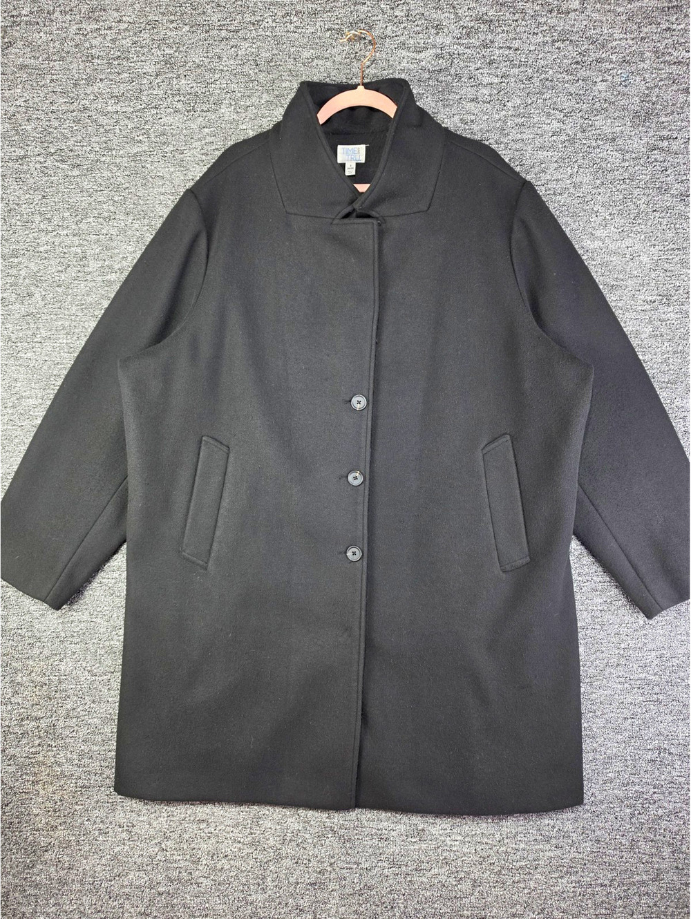 Time and Tru Women's Black Lined Long Overcoat Button Front Pockets Size 3XL